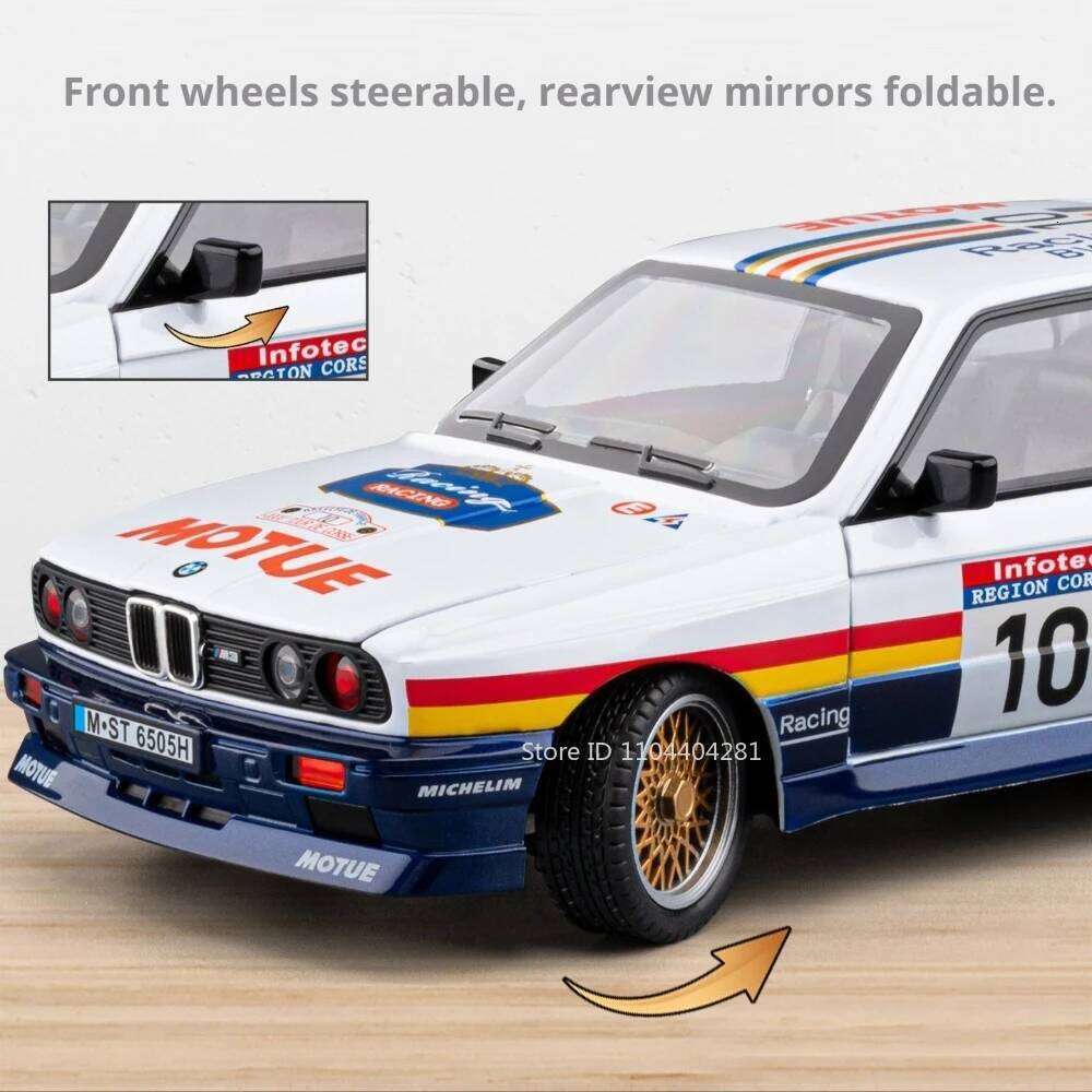 1:24 M3 M4 Miniature Model Toys Diecast Alloy Car Front Wheel Steering with Sound Light Pull Back Vehices Kids Collect Ornaments Z260307