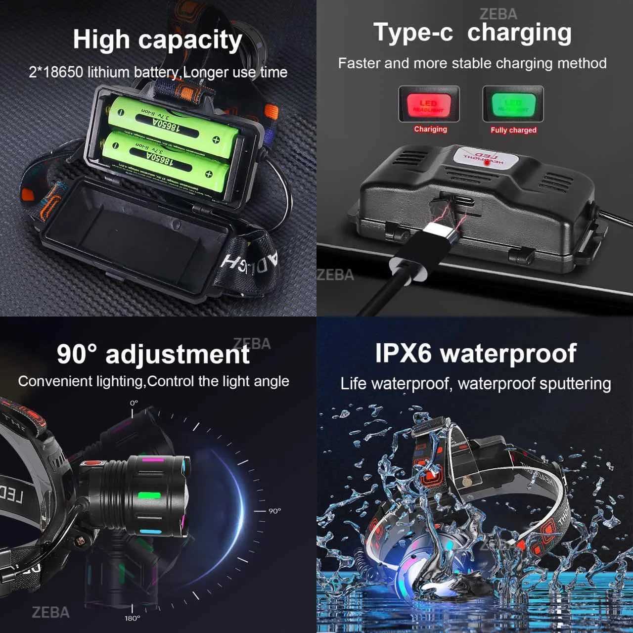 600W LED Headlamp Most Powerful Long Range Head Flashlight Rechargeable Lamp Outdoor Fishing Lantern Waterproof Headlight Patrol H260307