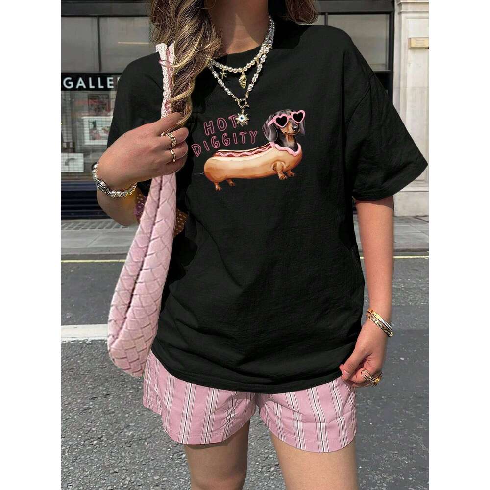 Hot Diggity Dachshund Dog Prints T-Shirt Women Cotton Summer Short Sleeve Comfortable Soft O-Neck Tops Casual Womans Clothes XJ260306