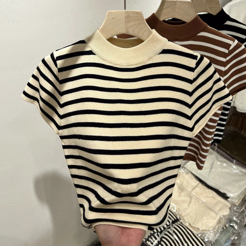 2026 Turtleneck Pullover Striped Sweater Slim Fit Top Shirt Womens Early Spring and Autumn Short Sleeve Bottoming 260306