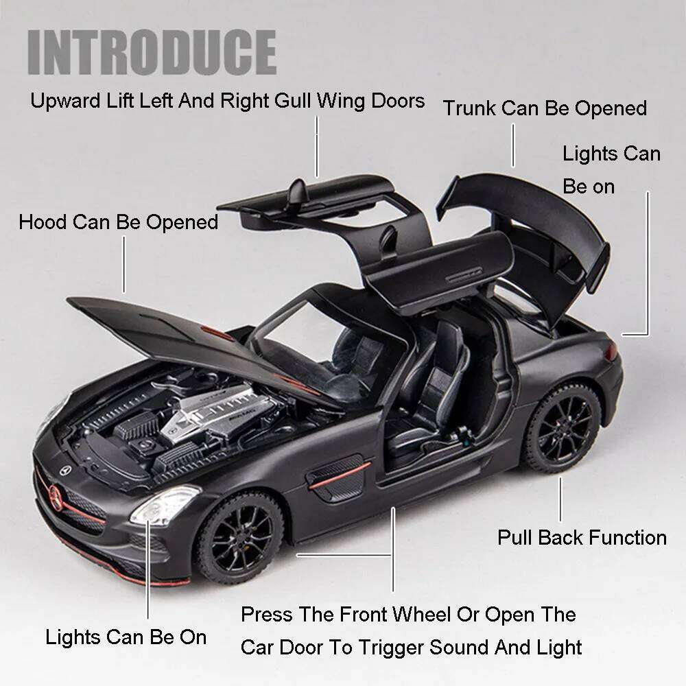 1:32 SLR 772S Diecast Alloy SLS Models Car Toys with Sound Light Pull Back Doors Opened Sports Cars Fashion Ornament Boys Gifts Z260306