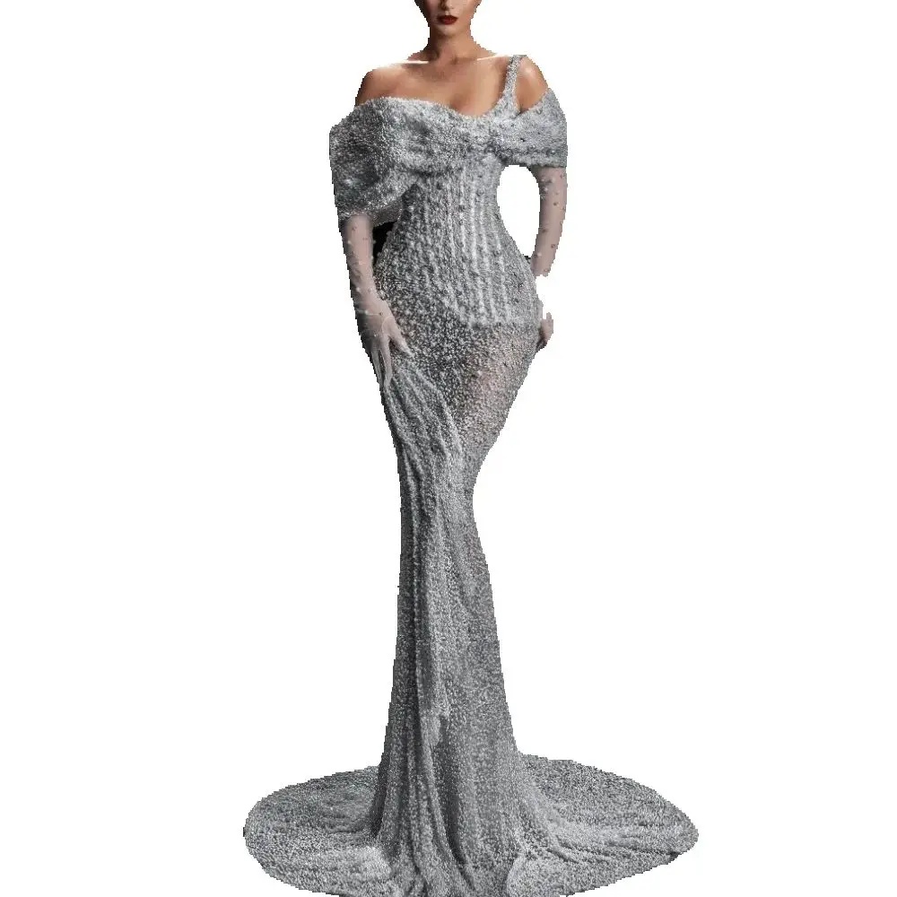 Sexy One Shoulder Wedding Dress Sparkly Sequined Pearls Mermaid Bridal Gown Fashion Floor Length Beaded Bride Dresses Customized
