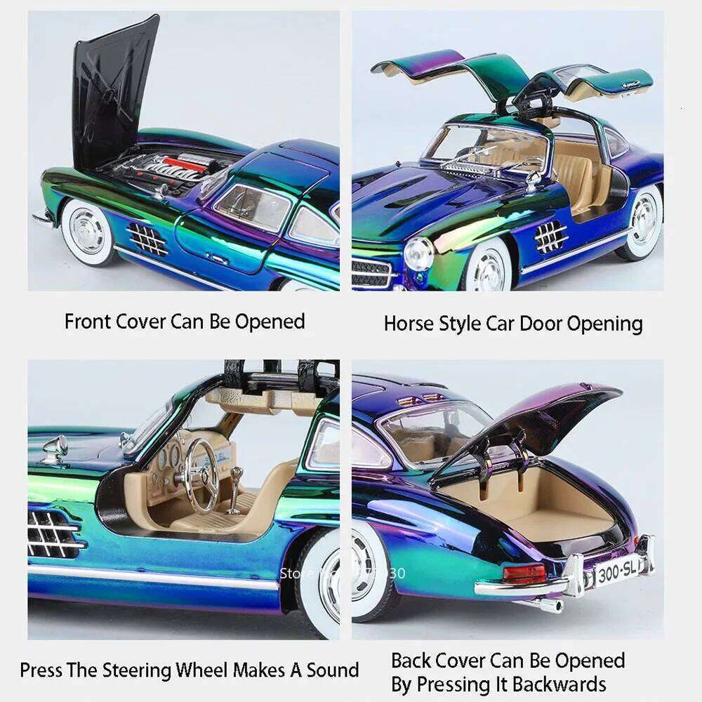 1:24 Scale Miniature Alloy 300SL Vintage Cars Toys Models 4 Doors Opened Vehicles Sound Light Car Kids Children's Day Gifts Z260307