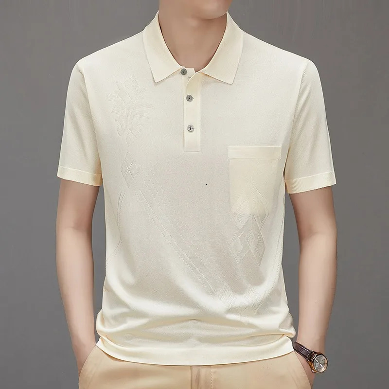 High End Mens Polo Shirts Casual Smooth Shiny Silk Short Sleeve Tennis Shirt Summer Business Dangling Mercerized Cotton T-shirt 260305