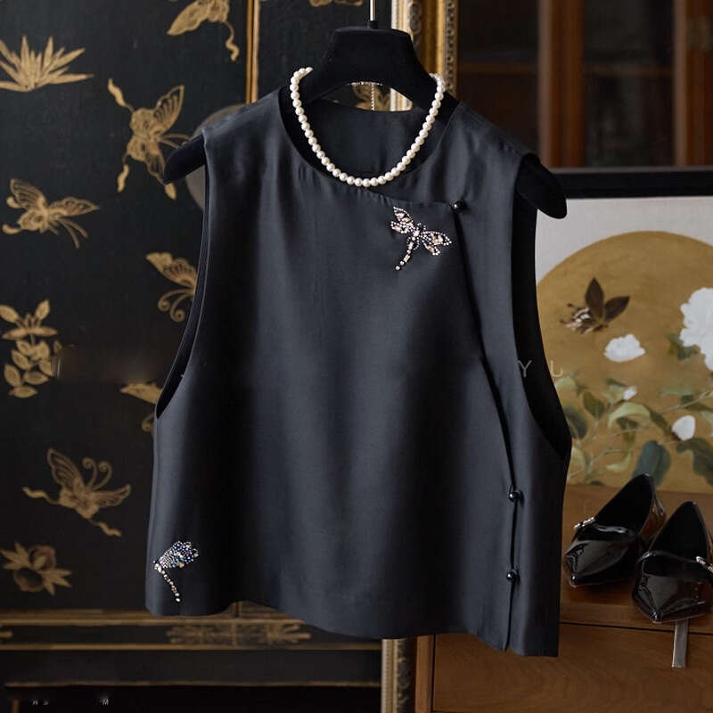Mardi Hefxessdr Chinese Style Black Vest Cardigan Women Dragonfly Beading Vest Jacket Summer High End O-neck Tank Tops Versatile