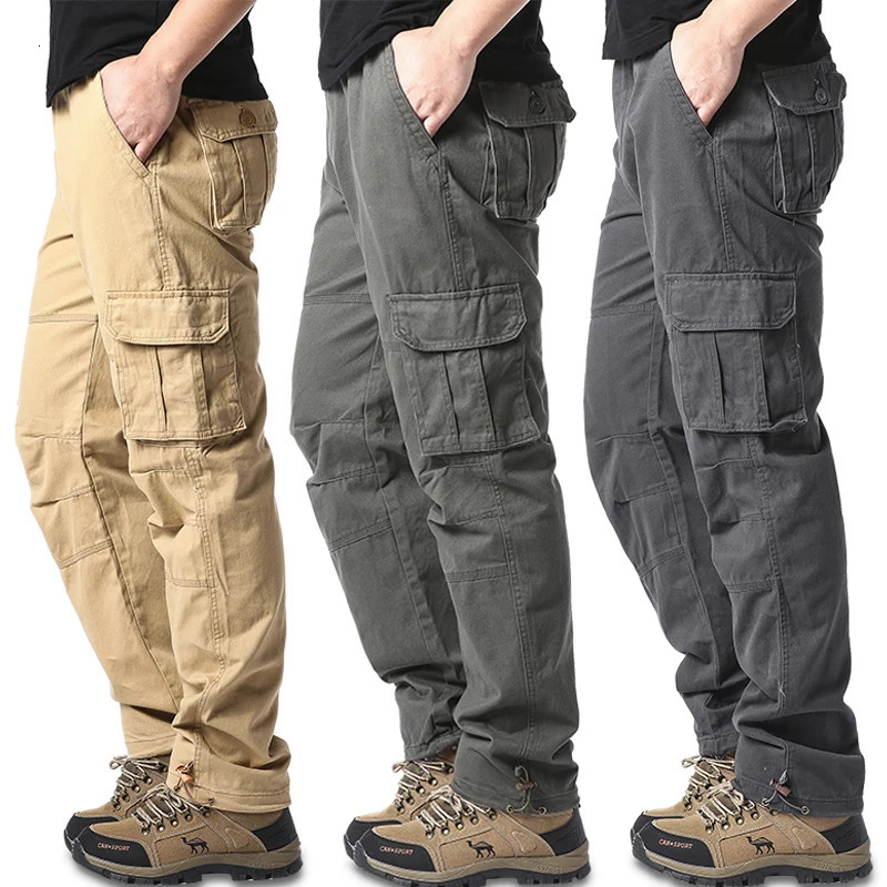 Large Pocket Loose Overalls Mens Outdoor Sports Jogging Tactical Pants Elastic Waist Pure Cotton Casual Work Pants 260305