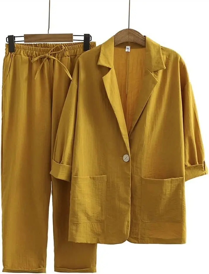 Womens cotton and linen 2-piece suit jacket trousers Spring and autumn loose fashion casual cotton and linen suit top set 260303