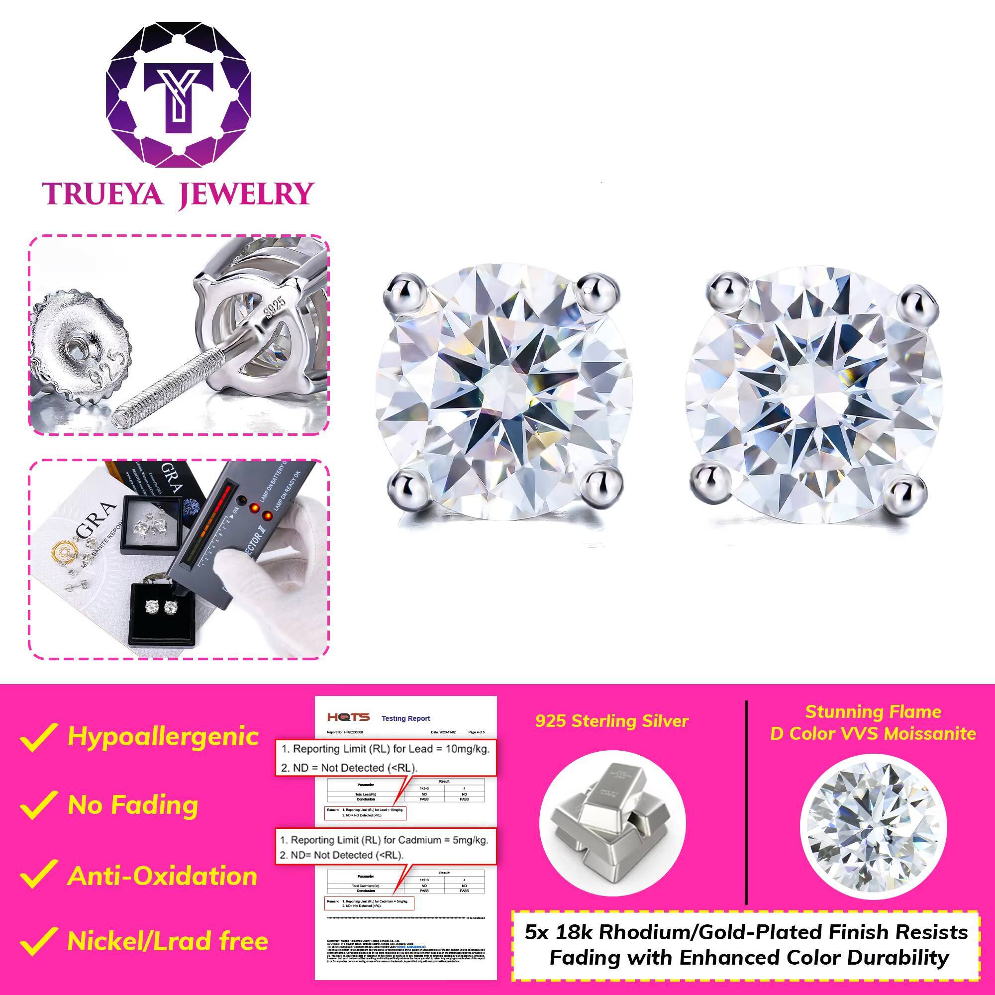 01ct-4ct Moissanite Screw Back Stud Earrings Vvs Mossanite Diamond Trendy Jewelry 925 Sterling Silver for Women Men Hip Hop