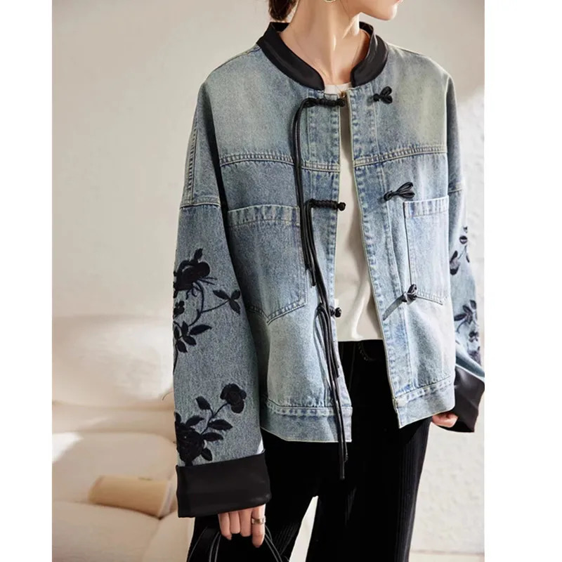 Vintage print Denim Jacket Women Spring Autumn fashion Long sleeve Jeans Short Coat female Loose Cowboy Outwear T167 260306
