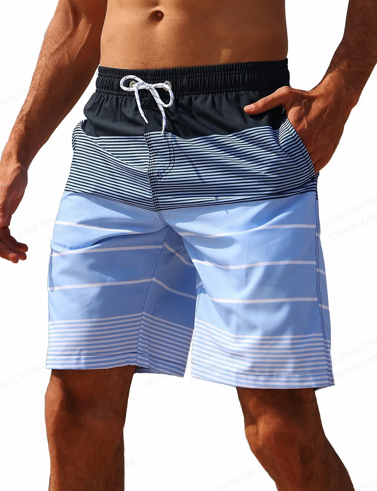 Summer Vacation Mens stripe Print Drawstring Waist Board Shorts Fashion Swim Trunks 3D Print Breathable Short Streetwear 260304
