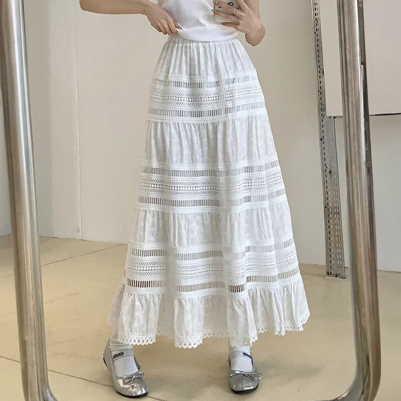 Embroidery Eyelet Cut-out Maxi Skirt White Cotton Semi Sheer Flowy Long Skirt Women Boho Summer Vacation Fairycore Outfit 260306
