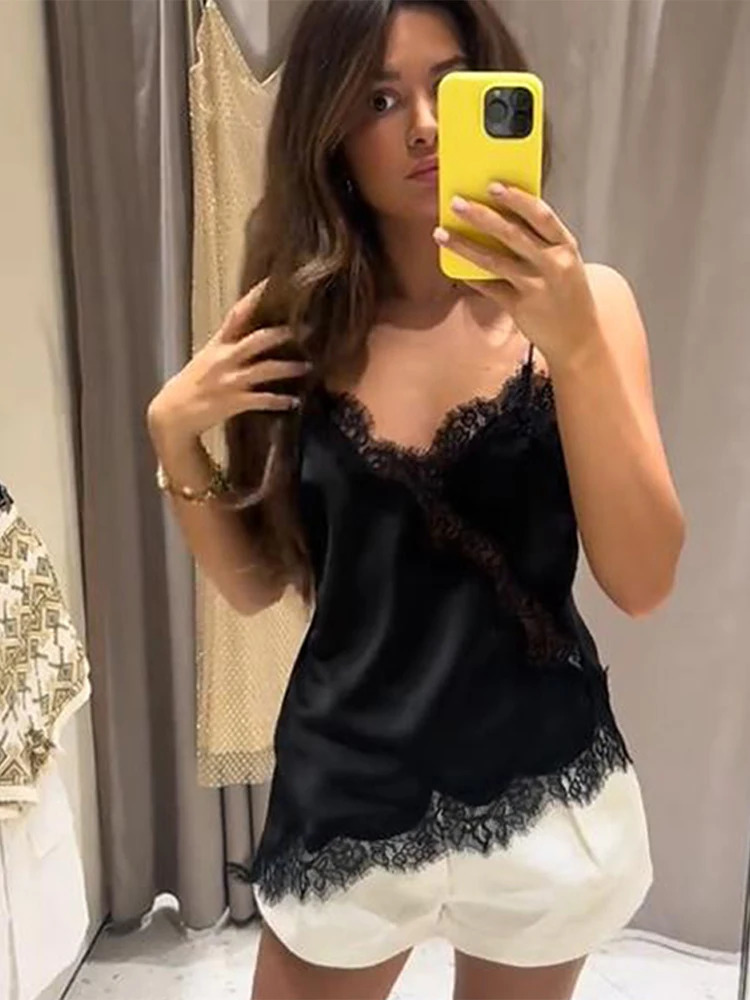 Women Solid Lace Sling Top Fashionable Sleevelesss Patchwork Irregular Tops Female Summer Chic Casual Holiday Vestidos 260306