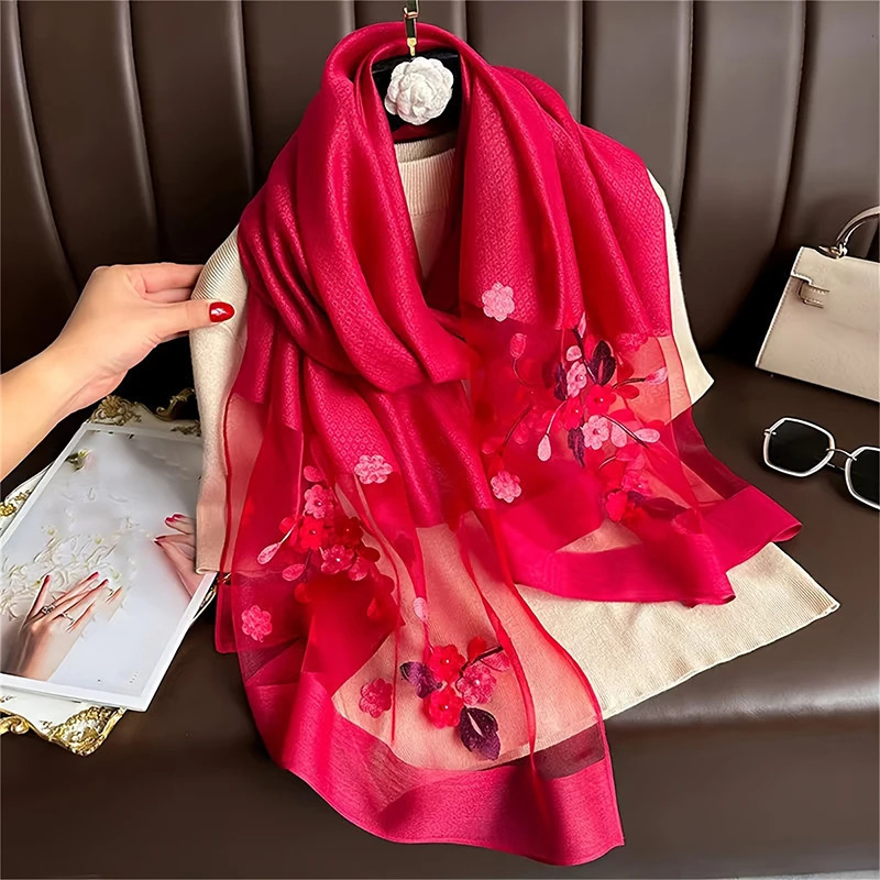 Women Silk Wool Scarf Floral Embroidery Hijab Female Foulard Spring Summer Thin Pashmina Shawls Wraps Bufanda Headscarf Stoles 260302