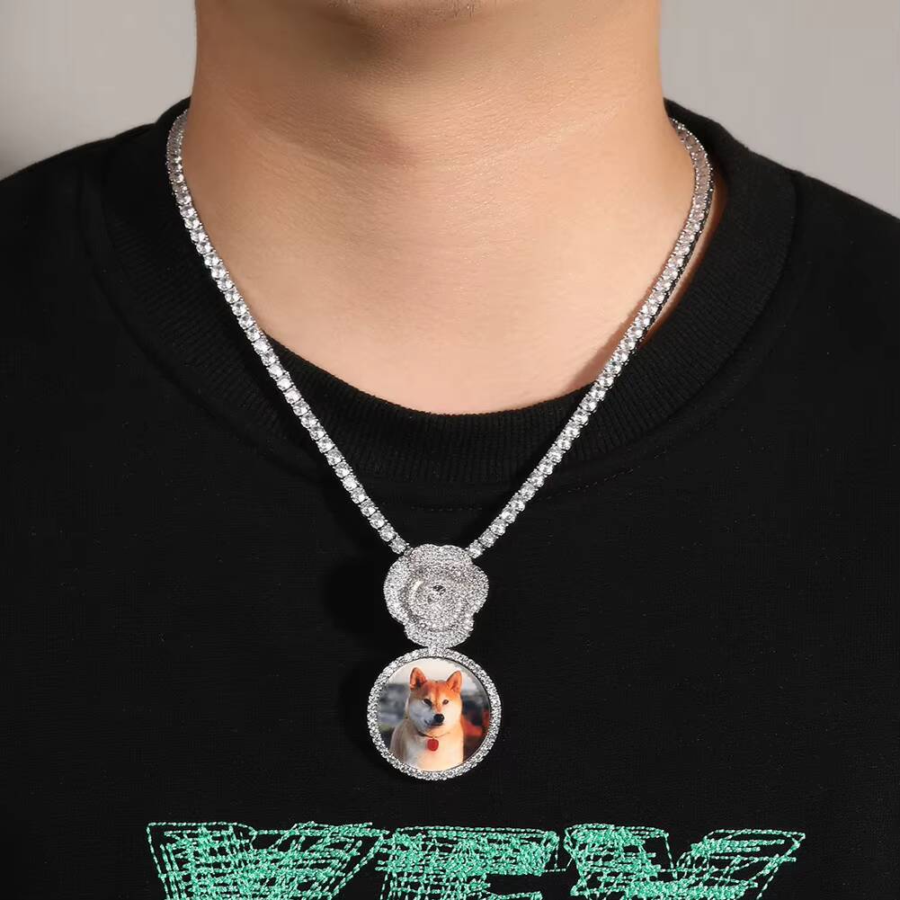 Iced Out Customized Fashionable Flower Rose Gold Jewelry Photo Bling Zircon Brass Pendant Photo Necklaces