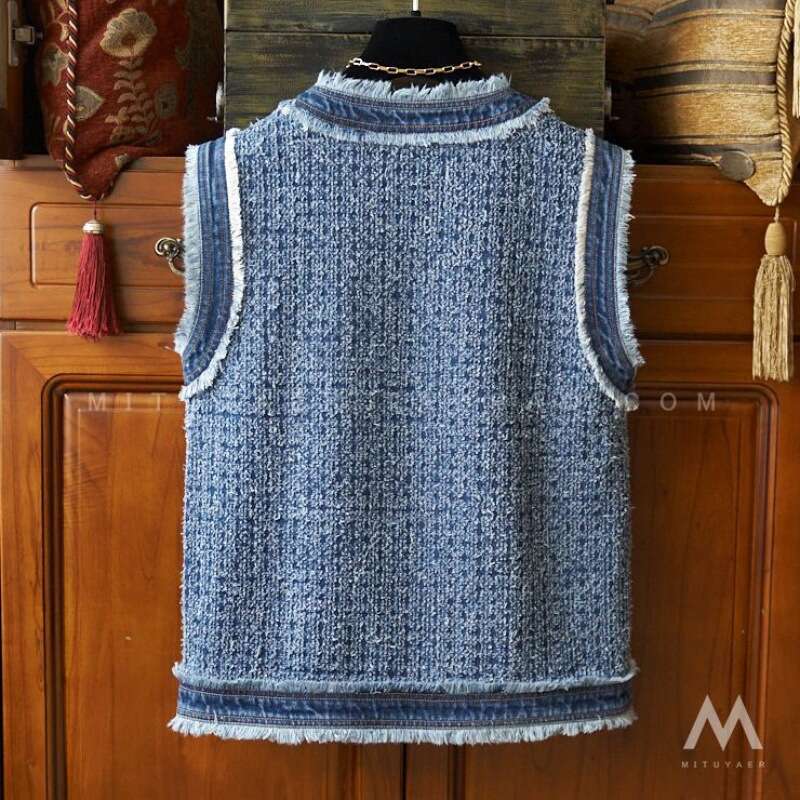Mardi Hefxessdr Women's Spring Autumn 2026 New Flow Sleeveless Tank Top Coat Fragrant Fur Edge Denim Vest