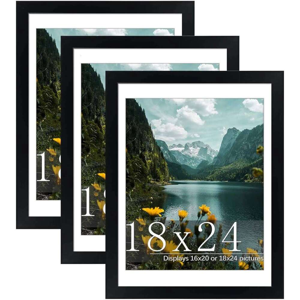 Picture 3 Pack, Black Poster Frame with Mat 16x20 or 18x24 Photos, Wall Mounting for Home Decor H260306