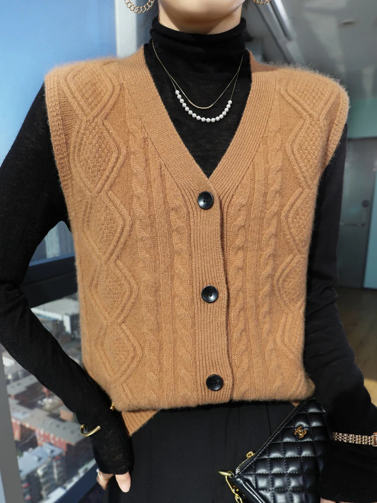 ANGEL Women Vneck Cashmere Vest Sleeveless Cardigan 100 Merino Wool Sweater Autumn Winter Thick Twist Flower Casual Waistcoat 260306