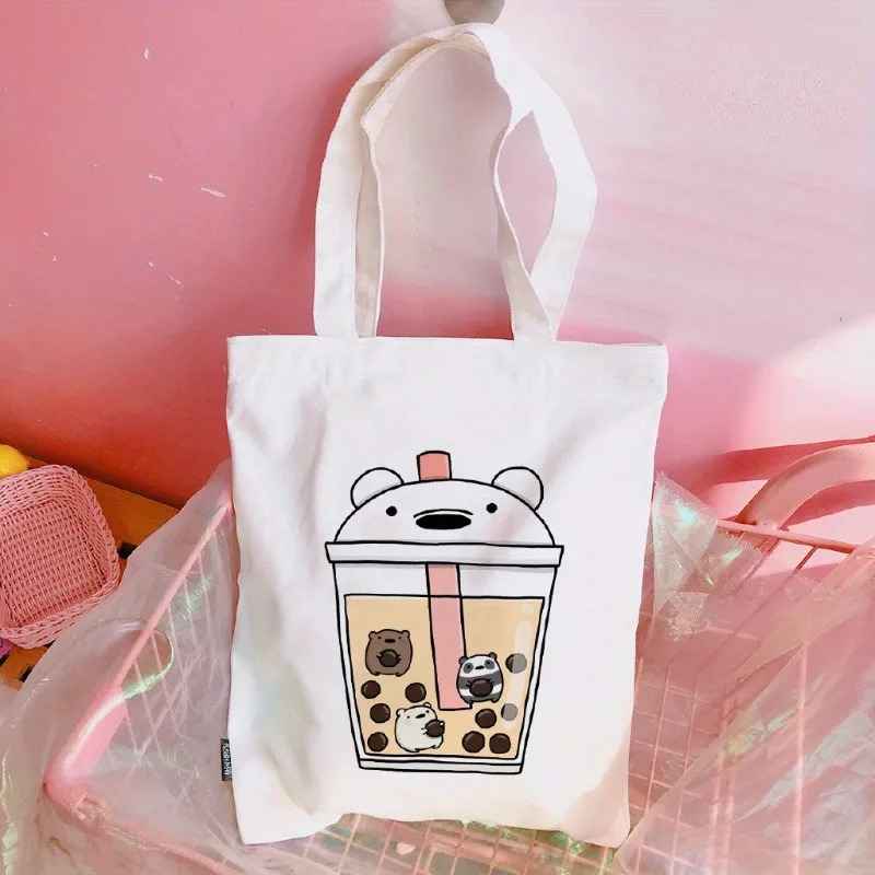 Womens Canvas Tote Shoulder Bag Panda Milk Tea Cartoon Cup Boba Pearls Cute Animal Adorable Sweet Daily Handbags Bags for Women 260307