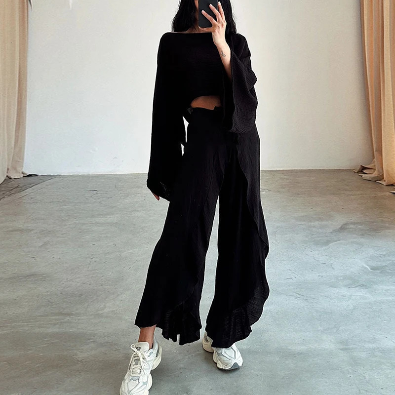 Spring Casual Solid Cotton Linen Suit Summer O Neck Crop TopLace-up Ruffle Pants Outfit Sets for Women Flare Sleeve Hollow 2pcs 260303