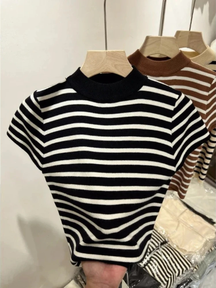 2026 Turtleneck Pullover Striped Sweater Slim Fit Top Shirt Womens Early Spring and Autumn Short Sleeve Bottoming 260306