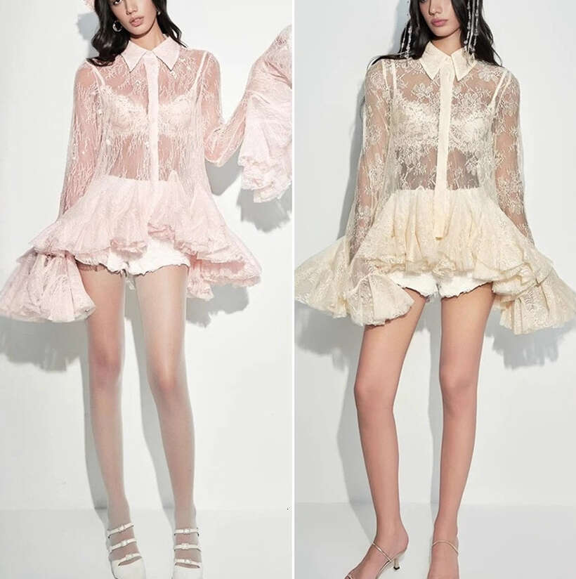 2026 Autumn Fashion Brand Sexy Mesh Lace Perspective Ruffle Bell a2 Sleeve Shirt Top Shorts Set
