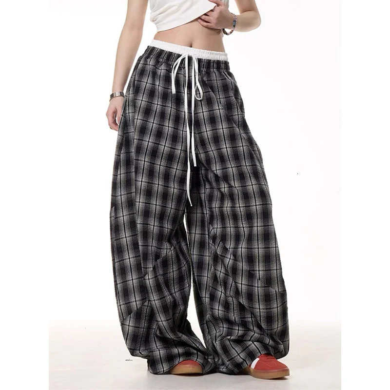 Black Plaid Patchwork Wide Leg Pants Mens Autumn American Vintage Y2K 2000s Style High Waisted Hip Hop Breathable Sweatpants 260303