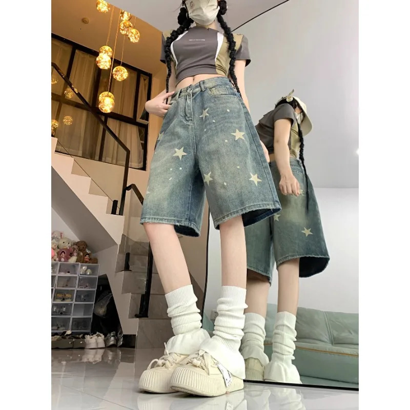 Casual Floral Print Loose Wide Leg Womens Jeans American Retro Star Straight Leg Comfort Stretch Soft Denim Shorts 260306