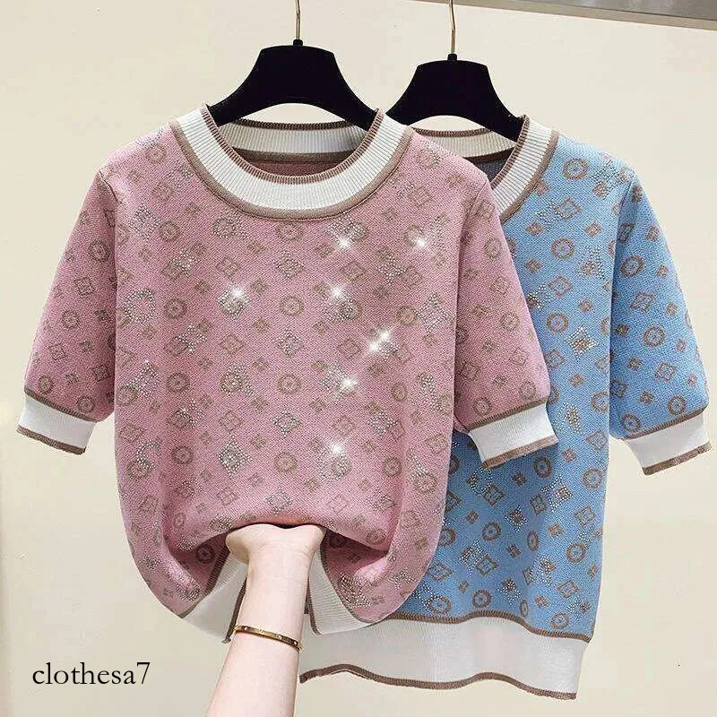 2025 Spring Women Fashion Short Sleeve Sweater Female Knit Glitter Stones T Shirt Femme Vintage Slim Summer Tops