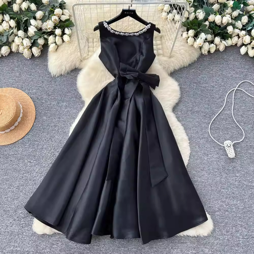 Light Luxury And Elegant Style Sleeveless A-line Dress For Women Summer Diamond-embellished Bow Waist-cinching Slimming Socialite Gown