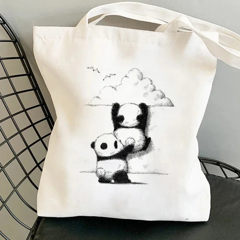 Cartoon Panda Canvas Shoulder Bag Cute Minimalist Pandas Tote Handbag Womens Casual for Shopping Travel Daily 260307