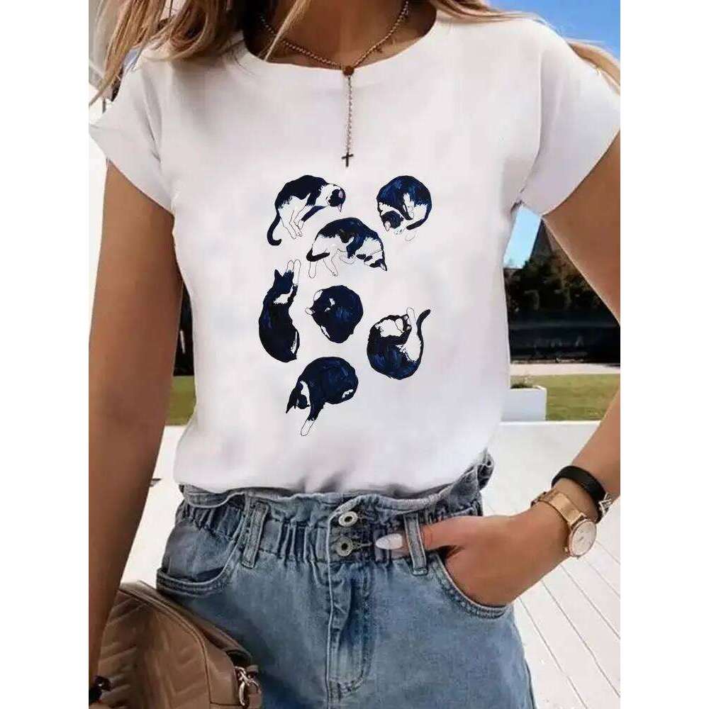 Short Sleeve Print Clothes Women Spring Summer Female Tee Fashion Cat Love Sweet Valentine Shirt Lady Graphic T-shirt XJ260306