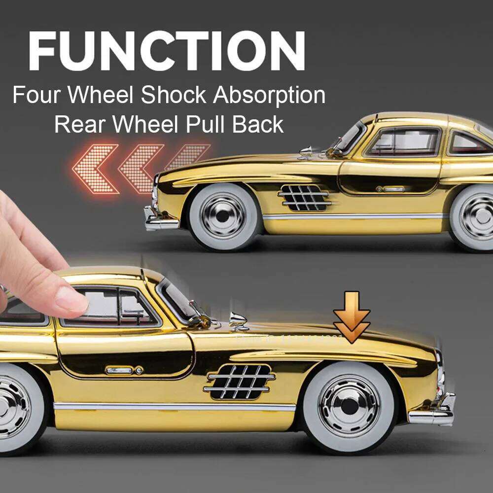 1:24 300SL W140 Diecat Alloy Car Model Toy Doors Opened Sound Light Pull Back Front Wheel Steering Vehcie Collect Ornaments Gift Z260306