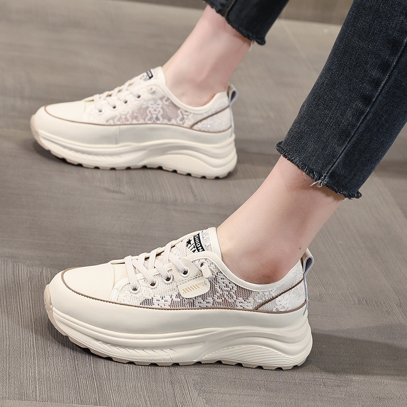Free Shipping 2026 Women's Black & White Lace Panel Platform Sneakers, Chunky Sole Casual Shoes 34-40