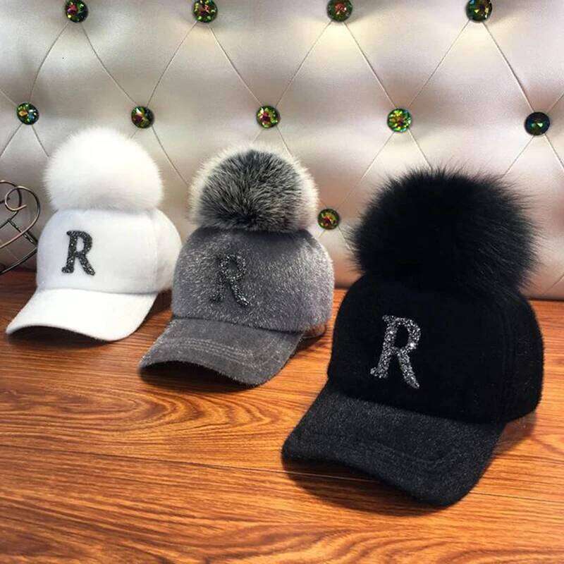 Autumn Winter Warm Baseball Cap Women Rhinestone Letter Pompom Hip Hop Caps Ladies Girls Fur Ball Casual Sun Hats Y260304