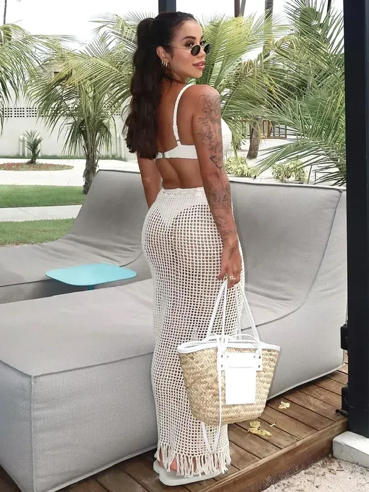 Sexy Summer Knit Cut Out Beach Half Skirt Women Chic Drawstring Fringed Casual Wrap Skirts 2026 Pool Party Swimwear Cover Up K50 260306