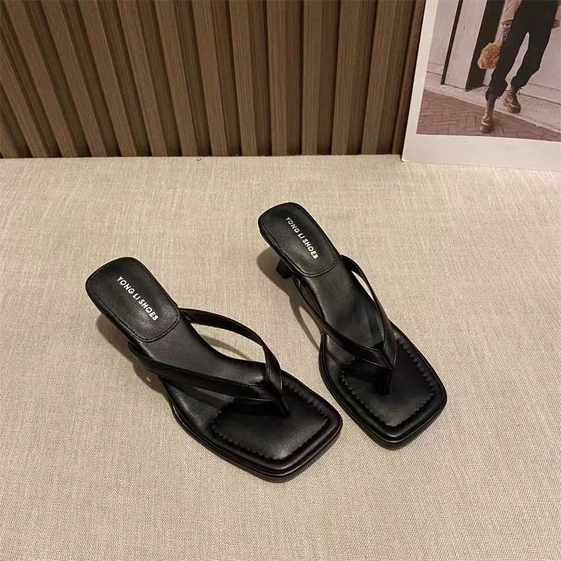 Womens Medium High Heel Slippers Summer People Slippers High Heels Fine Heel Clip Toe Shoes 260306