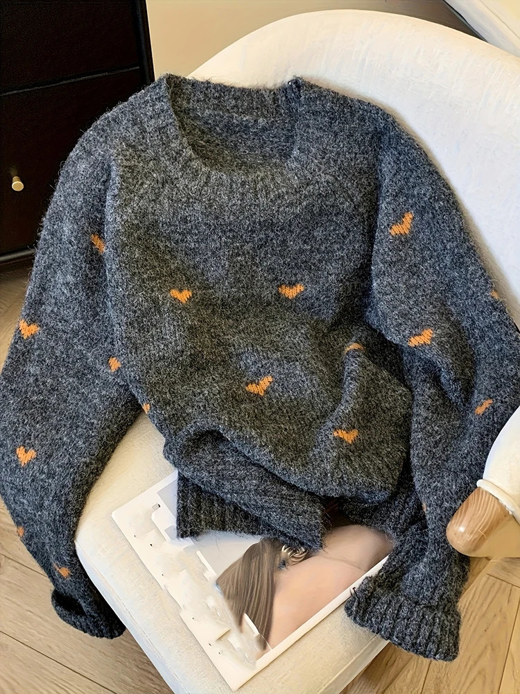 Autumn Winter Comfortable Heart Pattern Sweater Long Sleeve Pullover Round Neck Top Warm Versatile Womens Clothing 260306