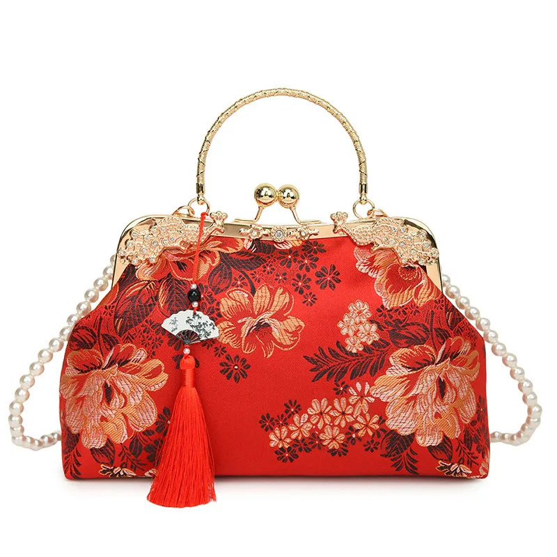Chinese Style Embroidered Snapbutton Shoulder Bags Cheongsam Traditional Exquisite Womens Handbag Red Bridal Pearl Wedding Bag 260307