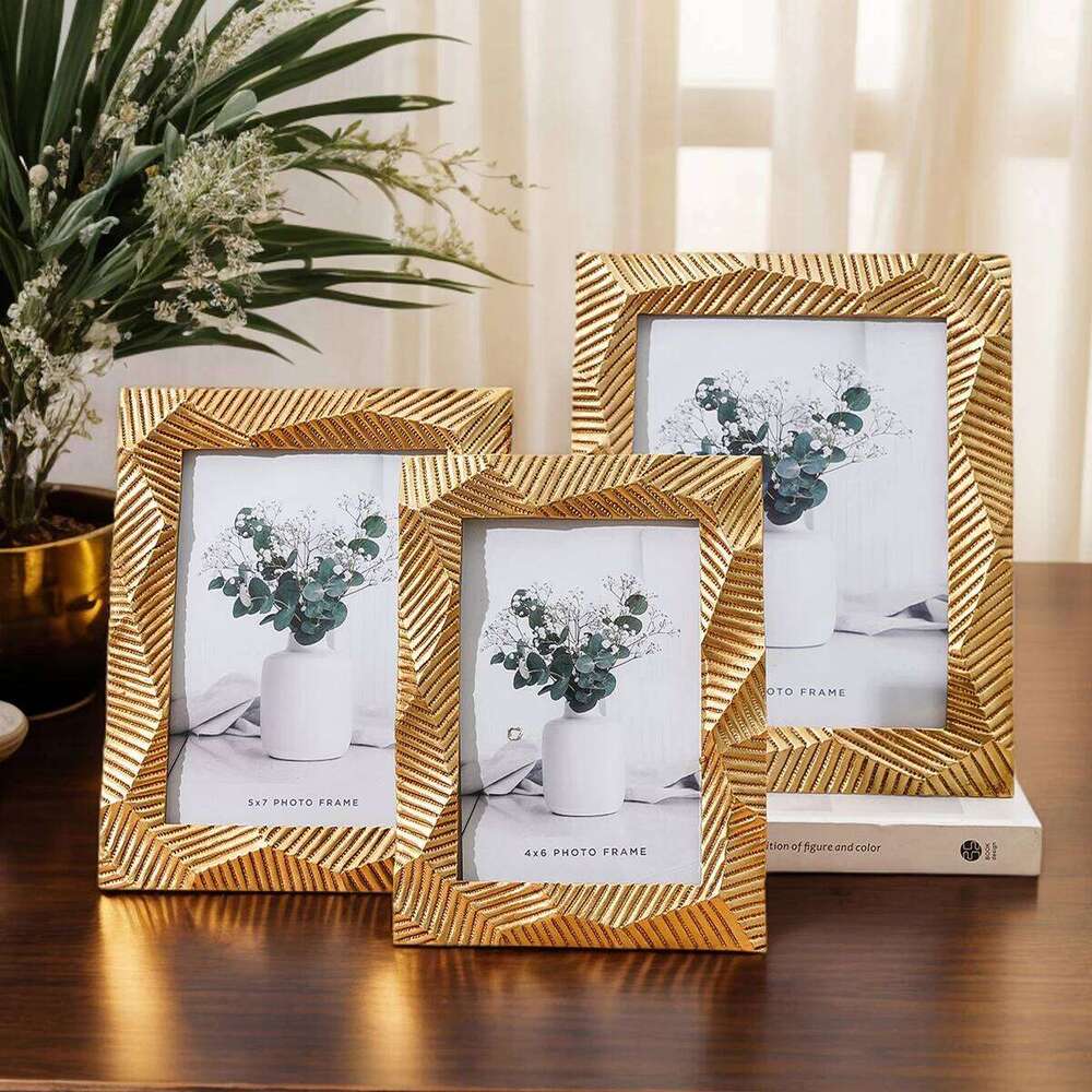 1PC, resin material geometric multi-faceted golden frame, festive home desktop decoration photo frame ornament H260306