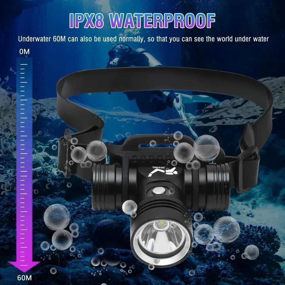 BORUiT B14 1200LM LED Scuba Diving Headlamp IPX8 Waterproof Underwater 60M Headlight 3-Mode Use 18650 Battery Diving Light H260307