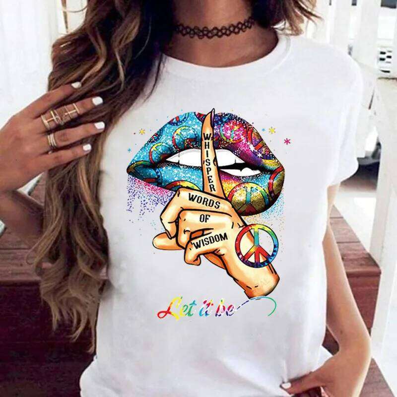 COTTON 100% Loose Crew-neck Creative Mouth Short-sleeved T-shirt Woman Oversized T Shirt Tops Aesthetic Clothes XJ260306 XJ260306