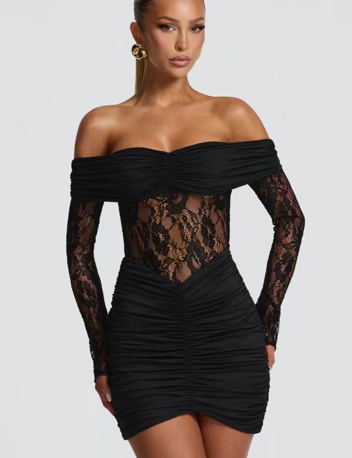 Women Lace Jumpsuit Long Sleeve Offshoulder Patchwork Sheer Jumpsuit Slim Fit Fall Clubwear 250904