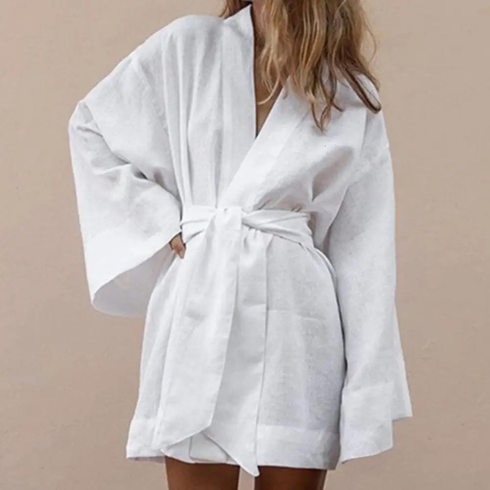 Long Sleeve V Neck Mini Dress Lace Up V Neck Belt Robe Style Short Shirt Dress Comfy Soft Chic Loose Hem Cardigan Dress 260306