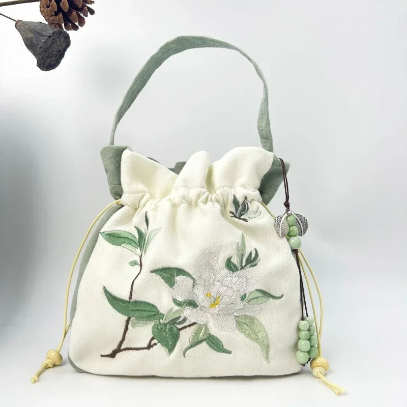 Chinese Style Retro Drawstring Bucket Bag Embroidered Lace Flower Shoulder Womens Crossbody Tophandle Bags Coin Purses 260307