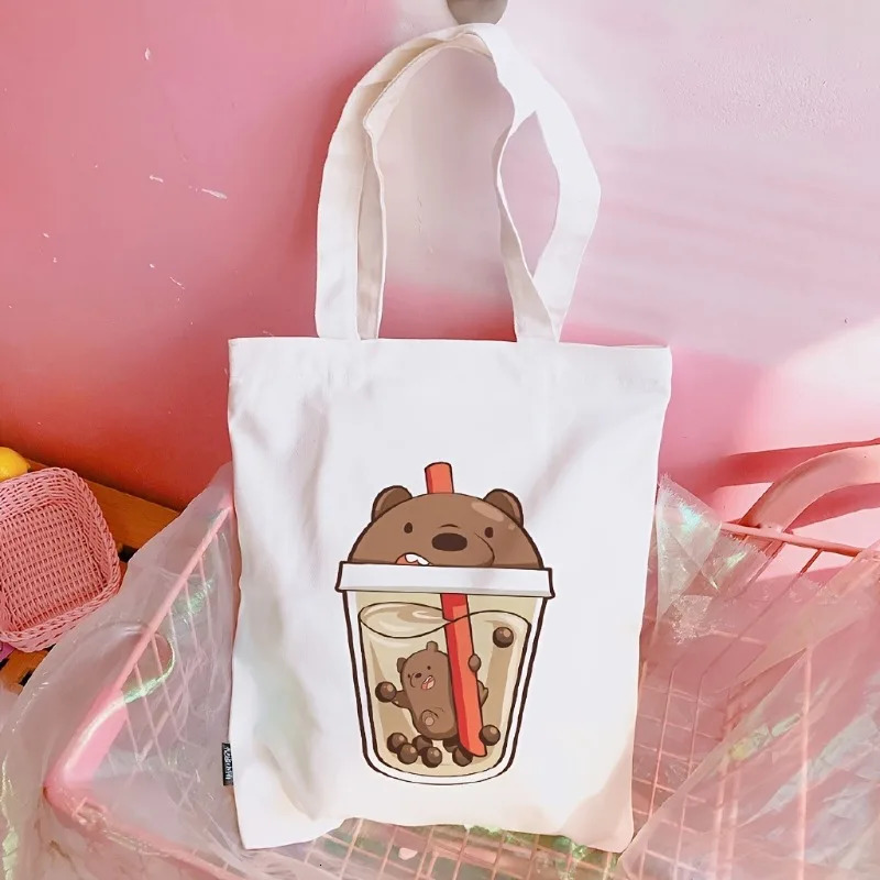 Womens Canvas Tote Shoulder Bag Panda Milk Tea Cartoon Cup Boba Pearls Cute Animal Adorable Sweet Daily Handbags Bags for Women 260307