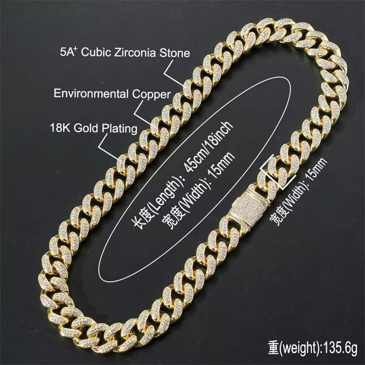 Hip Hop Unisex Gold Plated 925 Silver Moissanite Necklace with Iced Cuban Link Bling Chain GRA Certified for Men Rappers