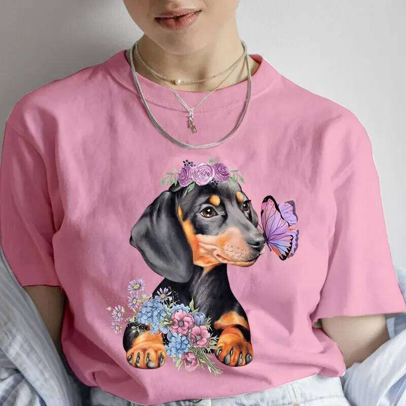 Fashion Cartoon Dachshund Clothes Graphic Dog Lover Print T Shirt for Casual Crew Neck Short Sleeve Plus Size Tshirt Women XJ260306