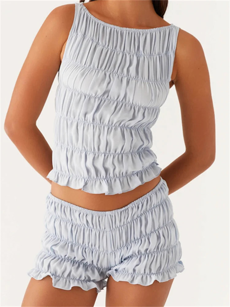 Womens 2 Piece Lounge Outfits Sleeveless Solid Color Ruched Tank Tops Shorts Sets 260306