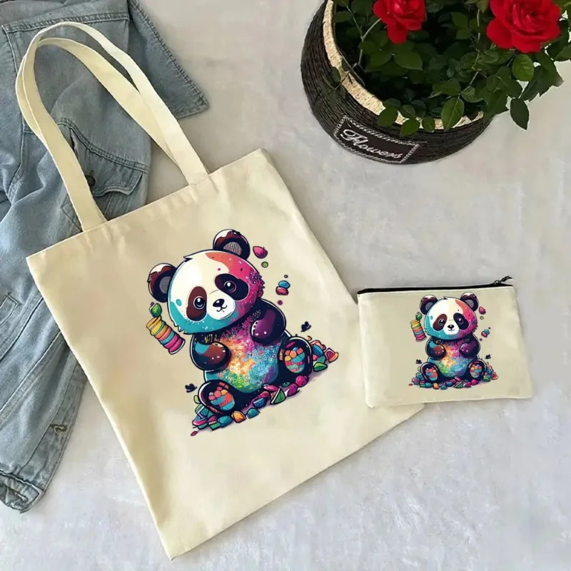 2 Pcs Cute Panda Ladies Handbag Cosmetic Bag Canvas Shoulder Ecofriendly Large Capacity Fashion Shopping Wallet 260307