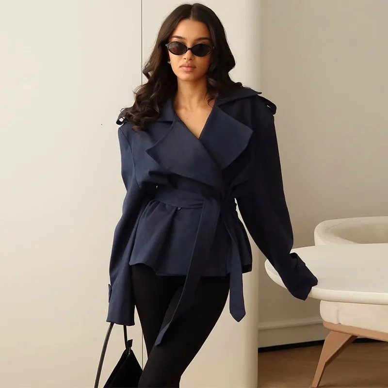 F Fashion Lace up Cropped Trench Coat Women Lapel Long Sleeves Wide Shoulder Windbreaker Jacket Fall Commuting Daily Jackets 260228
